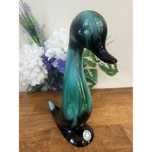 Vintage Blue Mountain Pottery Duck Figurine Green Brown Glaze BMP MCM Bird Decor